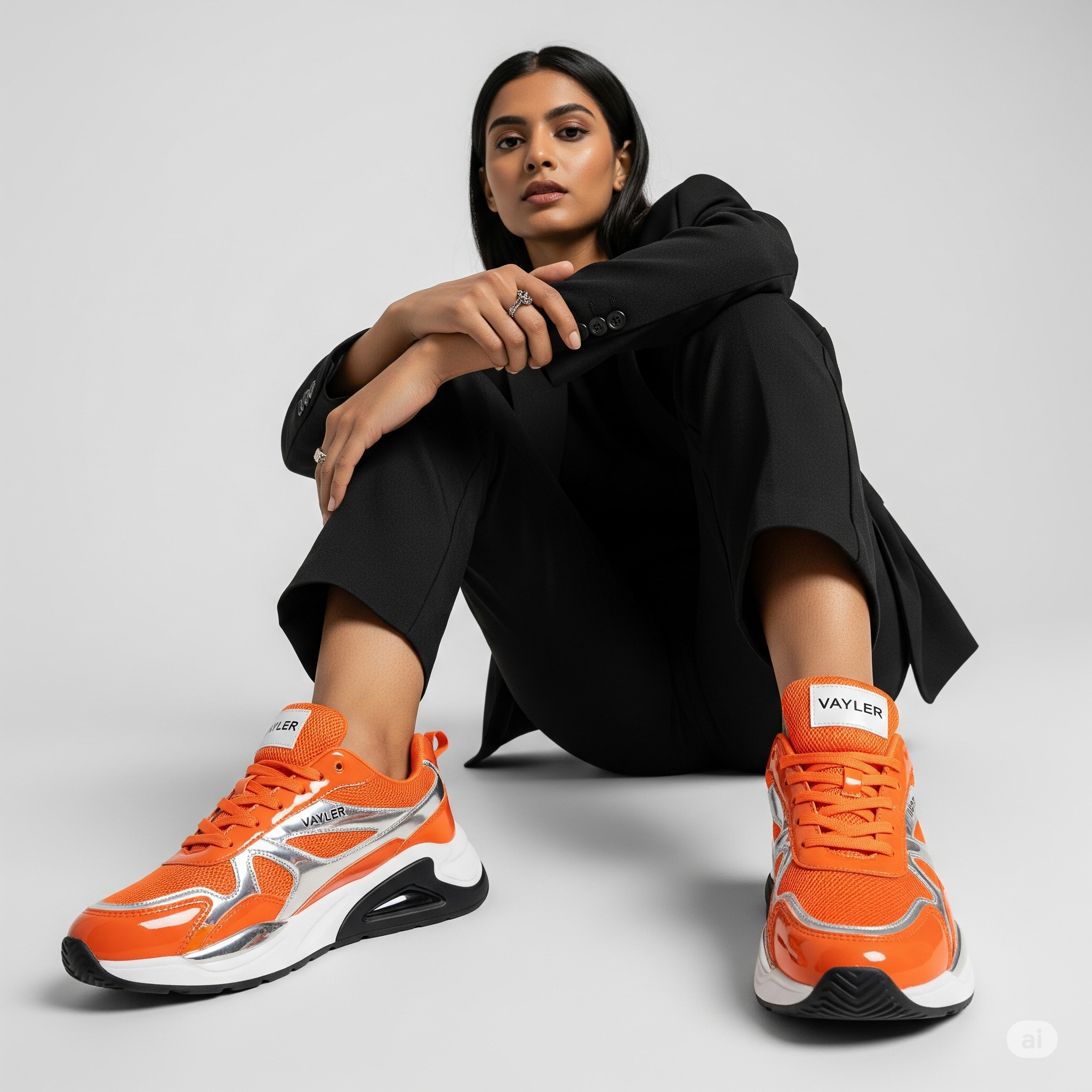 Mannequin femme assise portant les Vayler Ethan orange et argent.