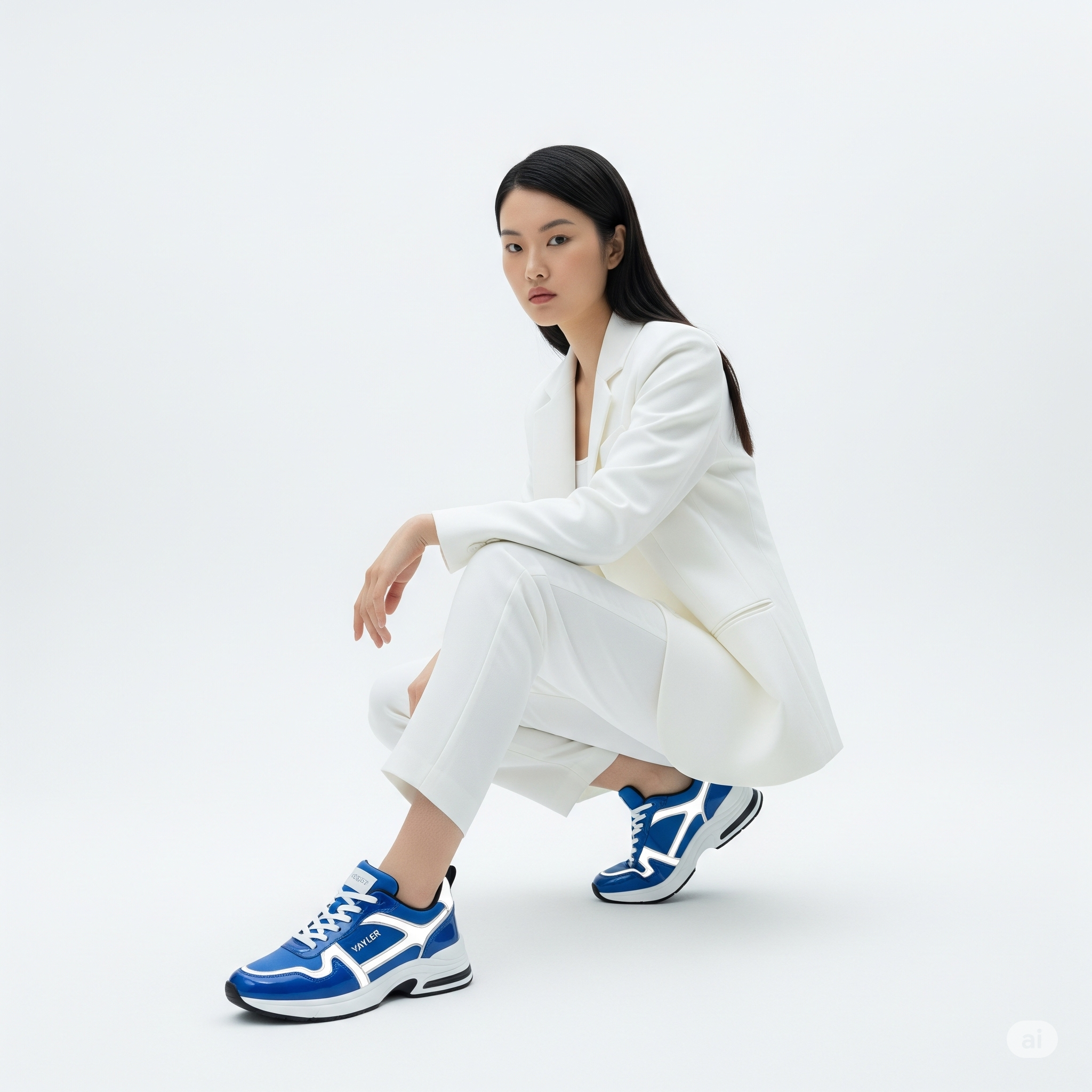 Mannequin femme accroupie portant la Vayler Saphyr avec une tenue blanche.